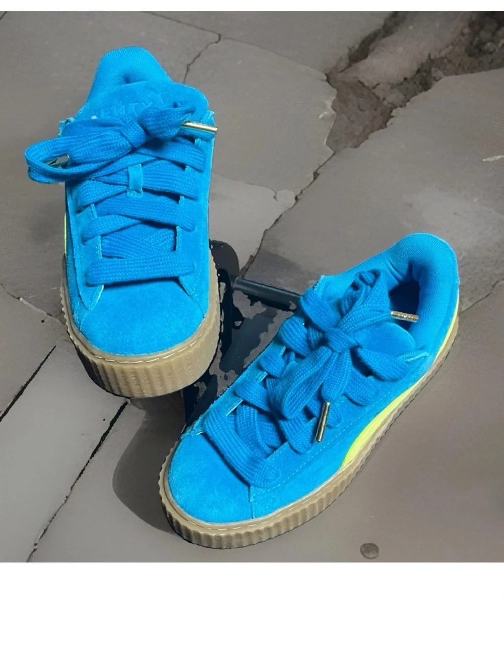 Puma Fenty Creeper Wmns Bright Blue Suede Sneakers with Neon Lime Stripe